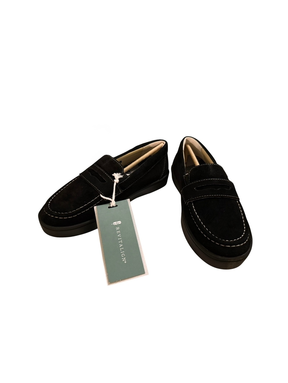 Revitalign Black Suede Loafers with White Stitching